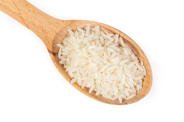 Fototapeta na wymiar Uncooked basmati rice in wooden spoon on a white background