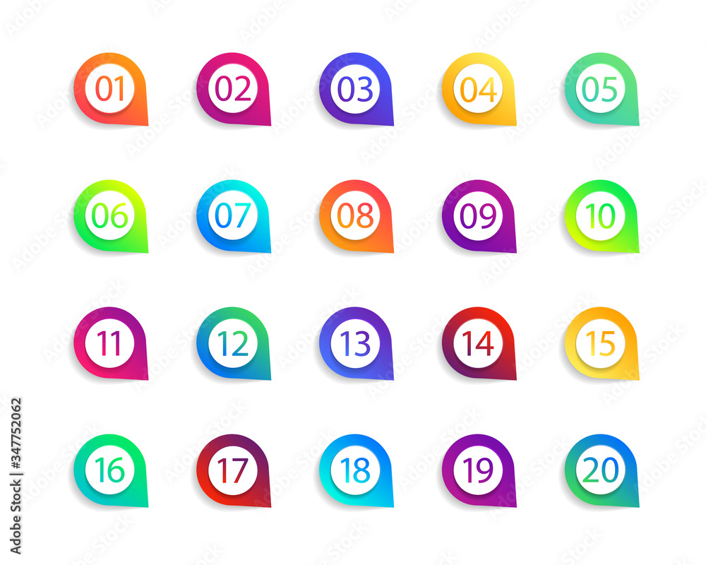 Poster bullet numbers. infographic buttons and points. icon with numbers from 1 to 20. 3d arrows and pointe