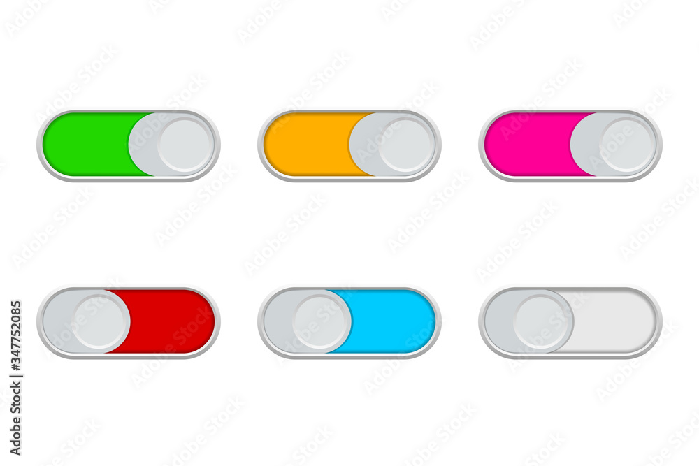 Poster buttons of enable and switch. off toggles of ui. switcher in interface bar. slider of active or disa