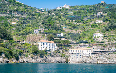 View of a coastal Amalfi bay on a bright day, Amalfi, Italy.
