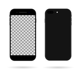 Smartphone in back and front. Phone mockup isolated on white background. Realistic black modern mobile. Blank screen in cellphone. Perspective template of device for website, business, banner. Vector