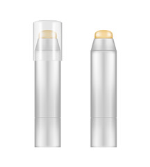 Realistic glossy lip balm tube mockup isolated on white background with transparent cap - opened and closed. Plastic package design. Blank cosmetic and skin care template. 3d vector illustration