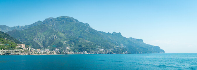 Panoramic view of Amalfi bay from the sea, Amalfi, Italy.