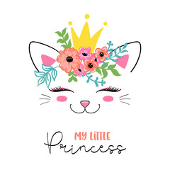 Cute cat in floral wreath and princess crown, my little princess slogan phrase, Vector illustration for print on t-shirt and other uses - 347753073