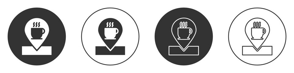 Black Location with coffee cup icon isolated on white background. Circle button. Vector Illustration