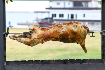 Carcass of a sheep, fried on a spit.