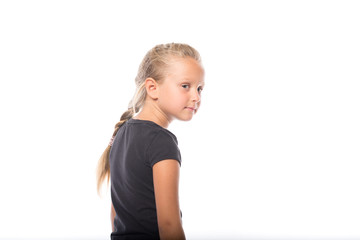 Emotional portrait of a European beautiful girl. The child shows grimaces: laughter, joy,...