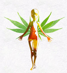 Alien with wings like a cannabis leaf. Watercolor styled vector - 347753288