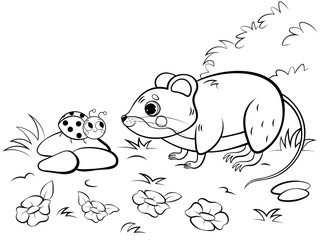 Coloring page outline of cute cartoon vole or mouse with ladybug. Vector image with nature background. Coloring book of forest wild animals for kids