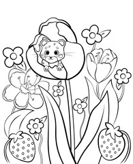 Coloring page outline of cute cartoon forest vole or mouse with flower tulip. Vector image with floral background. Coloring book of forest wild animals for kids