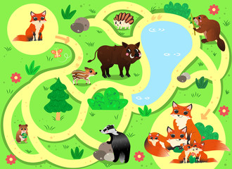 Help the little lost fox find the way to his family. Color maze or labyrinth game for preschool children. Puzzle. Tangled road. Forest animals for kids