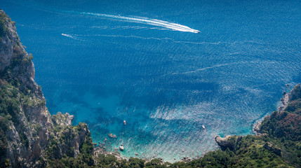 Looking down the mountainside at the bay from  the peak at Capri, Italy.