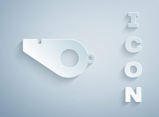 Paper cut Whistle icon isolated on grey background. Referee symbol. Fitness and sport sign. Paper art style. Vector Illustration