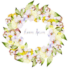 Watercolor colorful  wreath with pansy flowers. 