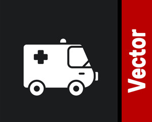 White Ambulance and emergency car icon isolated on black background. Ambulance vehicle medical evacuation.  Vector Illustration