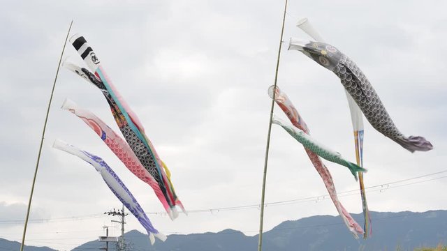 The image of a carp streamer in a country town at dusk