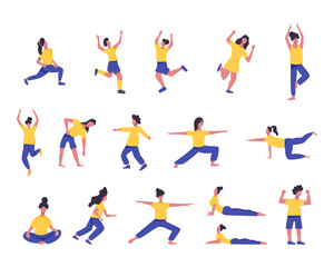 Set of girls doing sport or yoga vector flat illustration isolated on white background.