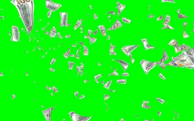 Flying dollars banknotes isolated on chromakey. Money is flying in the air. 100 US banknotes new sample. 3D illustration