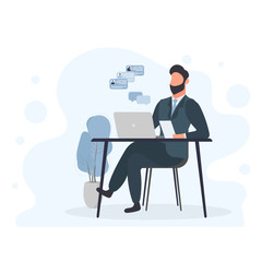 Fototapeta premium A man works on a laptop. The guy is sitting at the table with a laptop. Flat style. Good for image work, office, hiring staff. Vector illustration