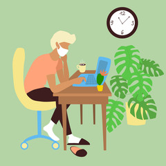 Home workplace: a man in a face mask sitting at a table with a laptop. Freelancer at work. Student at home schooling on quarantine. Stock vector simple flat illustration isolated on white background.