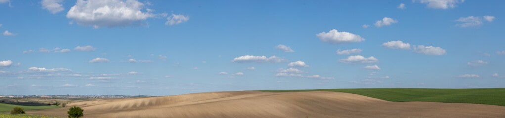 Beautiful background of clouds and green field panorama