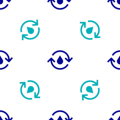 Blue Recycle clean aqua icon isolated seamless pattern on white background. Drop of water with sign recycling.  Vector Illustration