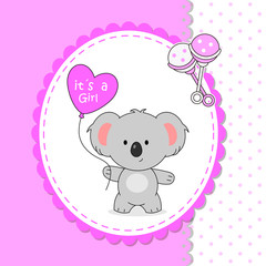 Baby girl shower card. Cute koala with heart shaped balloon	