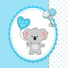 Baby boy shower card. Cute koala with heart shaped balloon
