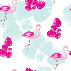 seamless pattern with flamingos and tropical leaves - pink and blue theme