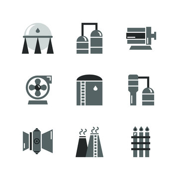 Heavy Oil and gas industrial icon set,tank,refinery columns,motor and pump,gas turbine engine,stack and flare