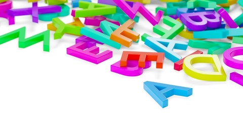 Heap of colorful rainbow alphabetic plastic character letters over white background, literature, education, know-how or writing concept