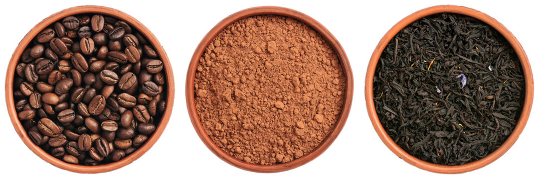 Set Dry Traditional Drinks - Black Tea, Coffee Beans, Cocoa Powder In A Bowl Isolated On White Background. View From Above.