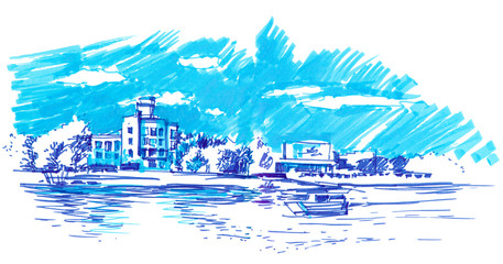 Sketch of the urban panorama water surface with ragged clouds, boat and avant-garde architecture.
A small boat is in the foreground of sparkling water. Bicolour felt-tip pen sketch of river pond