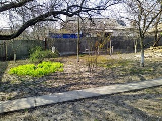 Farm yard in rural countryside at sunny spring day