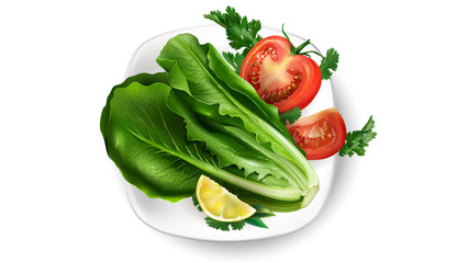 Composition of fresh vegetables on a white plate.