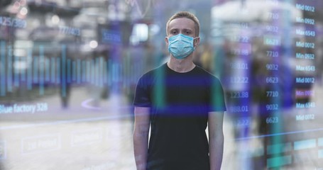 The man in medical mask stands outdoor on holographic background. time lapse - Powered by Adobe