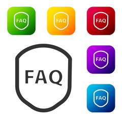 Black Shield with text FAQ information icon isolated on white background. Guard sign. Security, safety, protection, privacy concept. Set icons in color square buttons. Vector Illustration