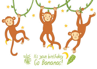 Birthday card with monkeys with funny inscription. Vector graphics.