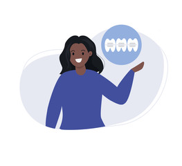 African woman in braces. Brackets system,on female teeth. Orthodontic services. Vector illustration in flat style.