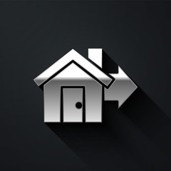 Silver Sale house icon isolated on black background. Buy house concept. Home loan concept, rent, buying a property. Long shadow style. Vector Illustration