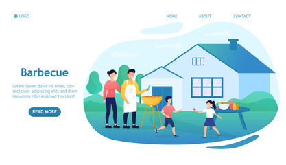 Young happy family making a barbecue on the yard of their house. Atmospheric concept of a happy family. Father cooks on the grill. Kids have fun and play. Suitable as a landing page, banner. Vector