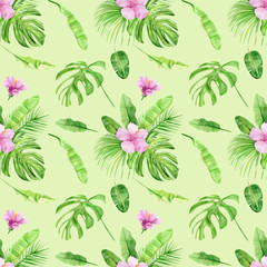 Watercolor illustration seamless pattern of tropical leaves and flower hibiscus. Perfect as background texture, wrapping paper, textile or wallpaper design. Hand drawn