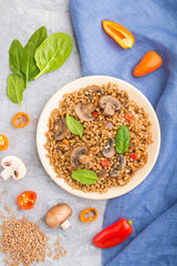 Spelt (dinkel wheat) porridge with vegetables and mushrooms on ceramic plate on a gray concrete background. Top view, close up.