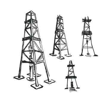 derrick. oil industry. set of hand drawn ink sketches. black and white
