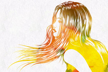 Girl with hair on the wind. Vector image. Watercolor styled