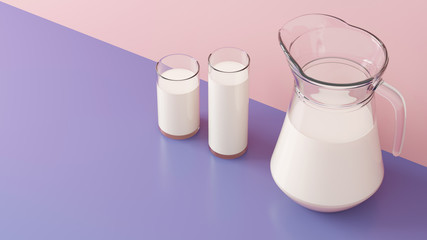 Milk in two glasses and milk jug. Dairy product