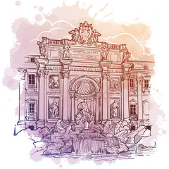 The Trevi Fountain in Rome, Italy. Vintage design in soft pastel colors. Linear sketch on a watercolor textured background. EPS10 vector illustration