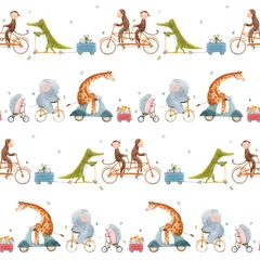 Behang Dieren onderweg Prachtige vector naadloze patroon voor kinderen met aquarel hand getekende schattige dieren op vervoer. Voorraad illustratie.