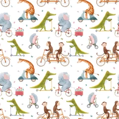 Wall murals Animals in transport Beautiful vector seamless pattern for children with watercolor hand drawn cute animals on transport. Stock illustration.