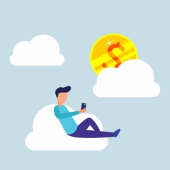 Vector illustration, freelance worker in a business, sitting relaxed with his smartphone with a gold coin, money phrases to the cloud.